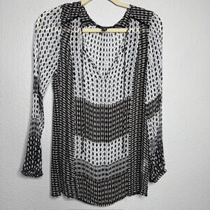 Bohemian Chiffon Womens Tie Top Geometric Design Dark Academia Blouse Small